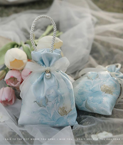 10PCS Elegant Floral Drawstring Gift Bags with Pearl Accent and Bow Closure, Rope Handle Favor Pouch for Wedding, Birthday, Crafts, ChampagneColor