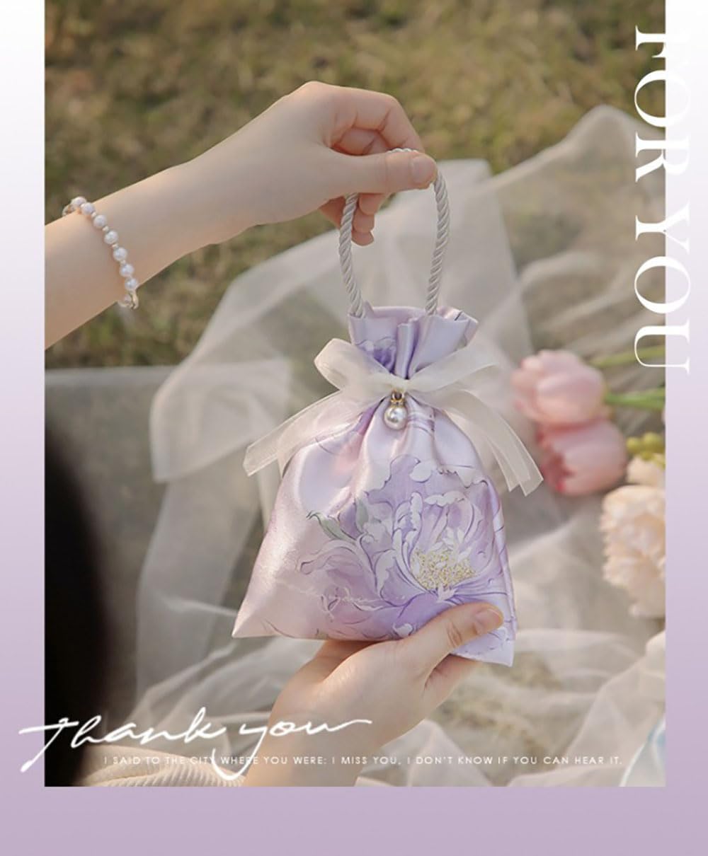 10PCS Elegant Floral Drawstring Gift Bags with Pearl Accent and Bow Closure, Rope Handle Favor Pouch for Wedding, Birthday, Crafts, ChampagneColor