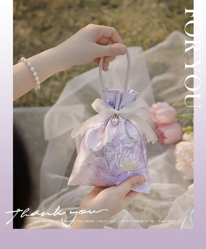 10PCS Elegant Floral Drawstring Gift Bags with Pearl Accent and Bow Closure, Rope Handle Favor Pouch for Wedding, Birthday, Crafts, ChampagneColor