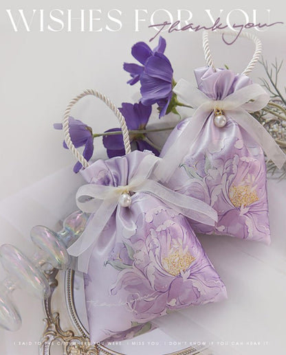 10PCS Elegant Floral Drawstring Gift Bags with Pearl Accent and Bow Closure, Rope Handle Favor Pouch for Wedding, Birthday, Crafts, ChampagneColor
