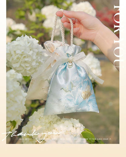 10PCS Elegant Floral Drawstring Gift Bags with Pearl Accent and Bow Closure, Rope Handle Favor Pouch for Wedding, Birthday, Crafts, ChampagneColor