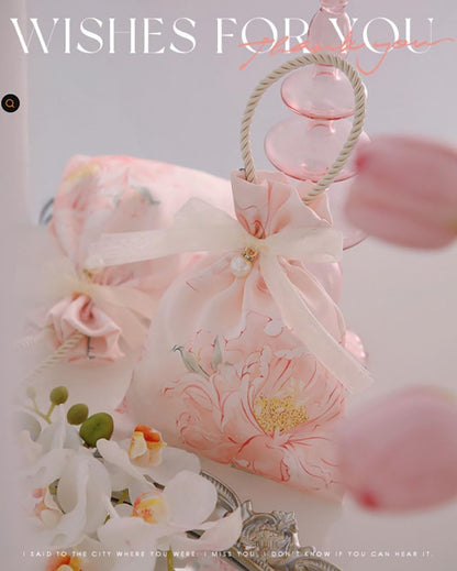 10PCS Elegant Floral Drawstring Gift Bags with Pearl Accent and Bow Closure, Rope Handle Favor Pouch for Wedding, Birthday, Crafts, ChampagneColor
