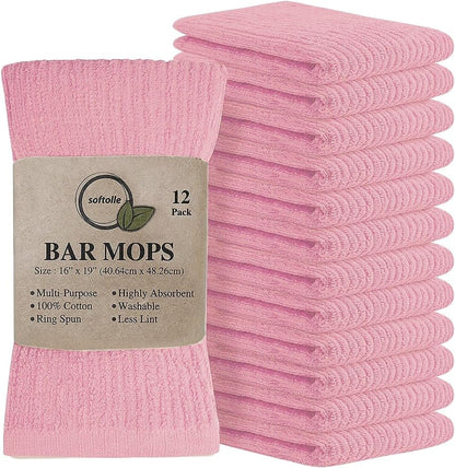 Bar Mop Towels, Pack of 12-16x19 Inches - 100% Cotton Super Absorbent Towels, Multi-Purpose for Home and Bar Cleaning (Pink)