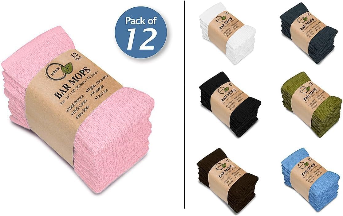 Bar Mop Towels, Pack of 12-16x19 Inches - 100% Cotton Super Absorbent Towels, Multi-Purpose for Home and Bar Cleaning (Pink)