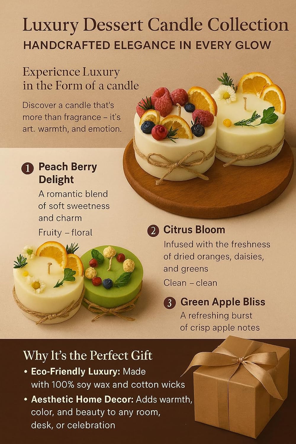 Luxury Candle Collection – Strawberry, Peach & Apple Scents | Handmade Decorative Aromatherapy Candles | Perfect for Birthdays, Holidays & Home Décor