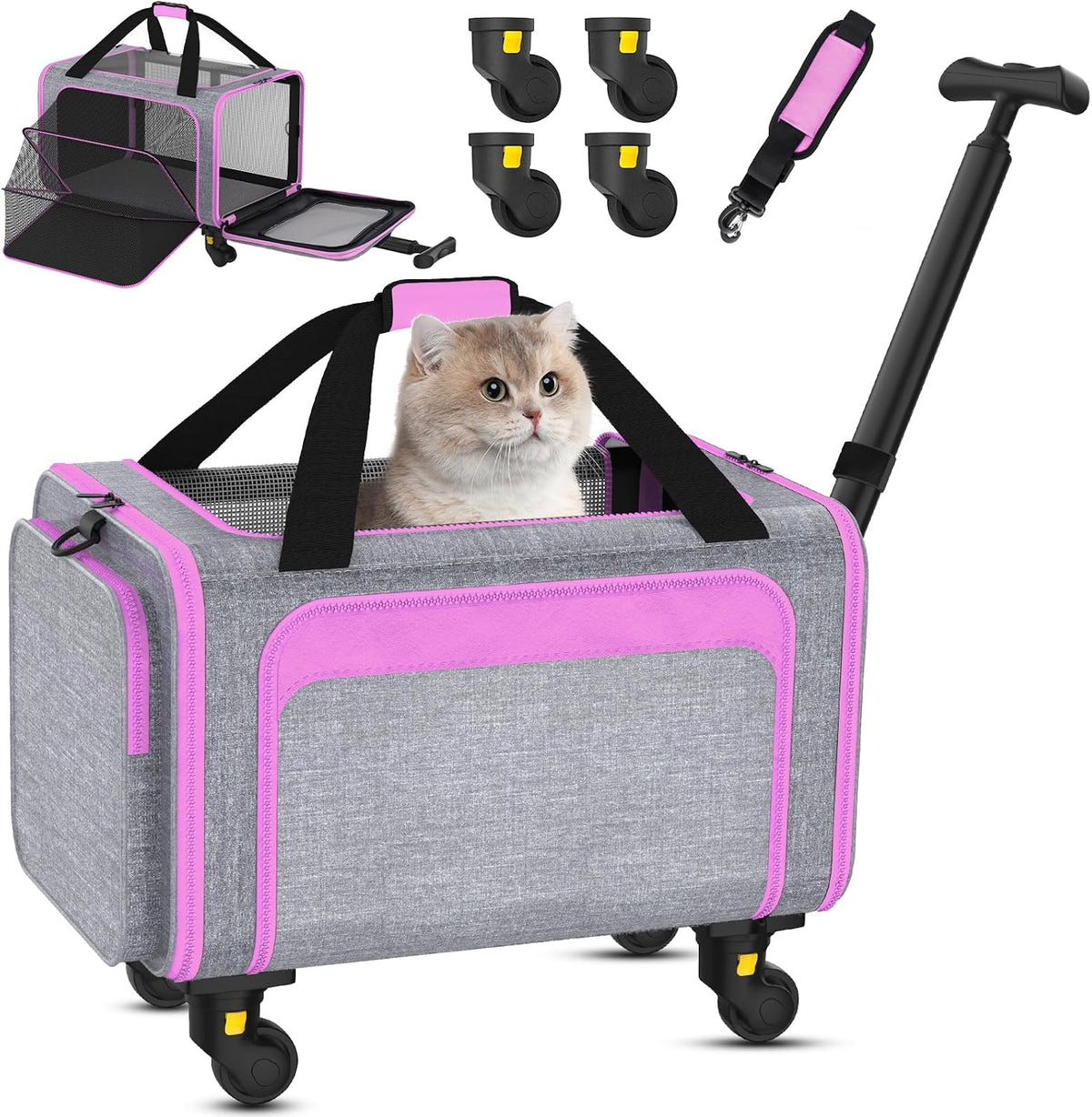 Airline Pet Carrier with Wheels, 18x11x11 for Cats & Toy Dogs