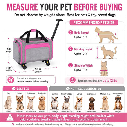 Airline Pet Carrier with Wheels, 18x11x11 for Cats & Toy Dogs