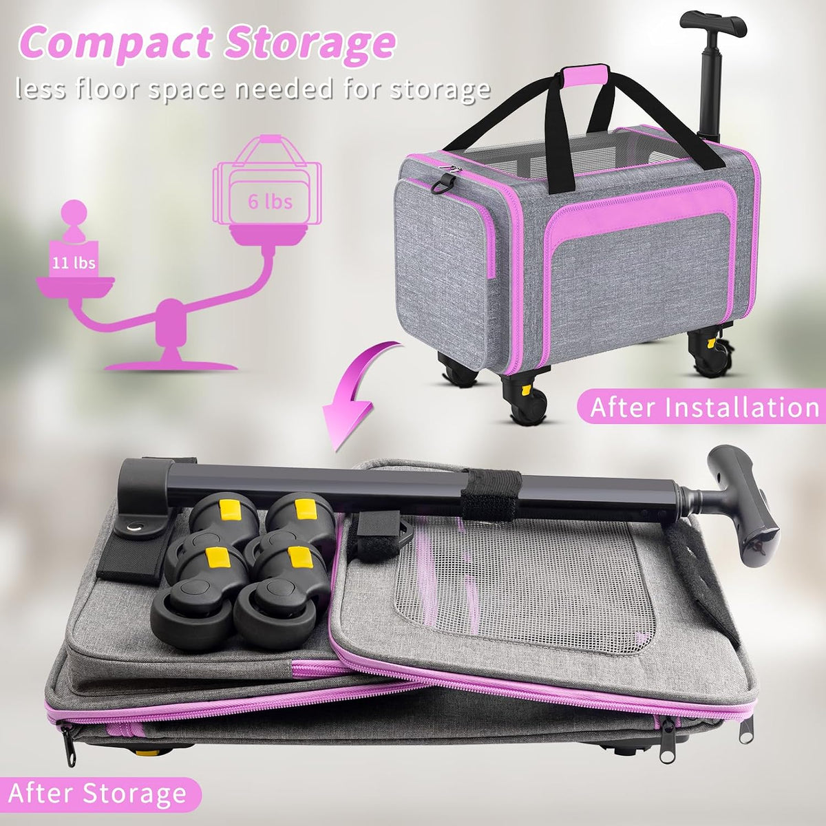 Airline Pet Carrier with Wheels, 18x11x11 for Cats & Toy Dogs