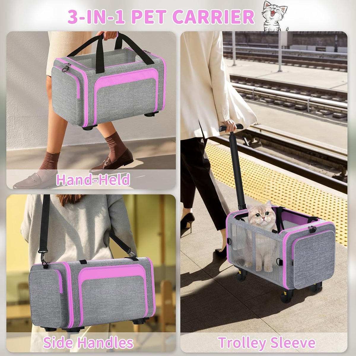 Airline Pet Carrier with Wheels, 18x11x11 for Cats & Toy Dogs
