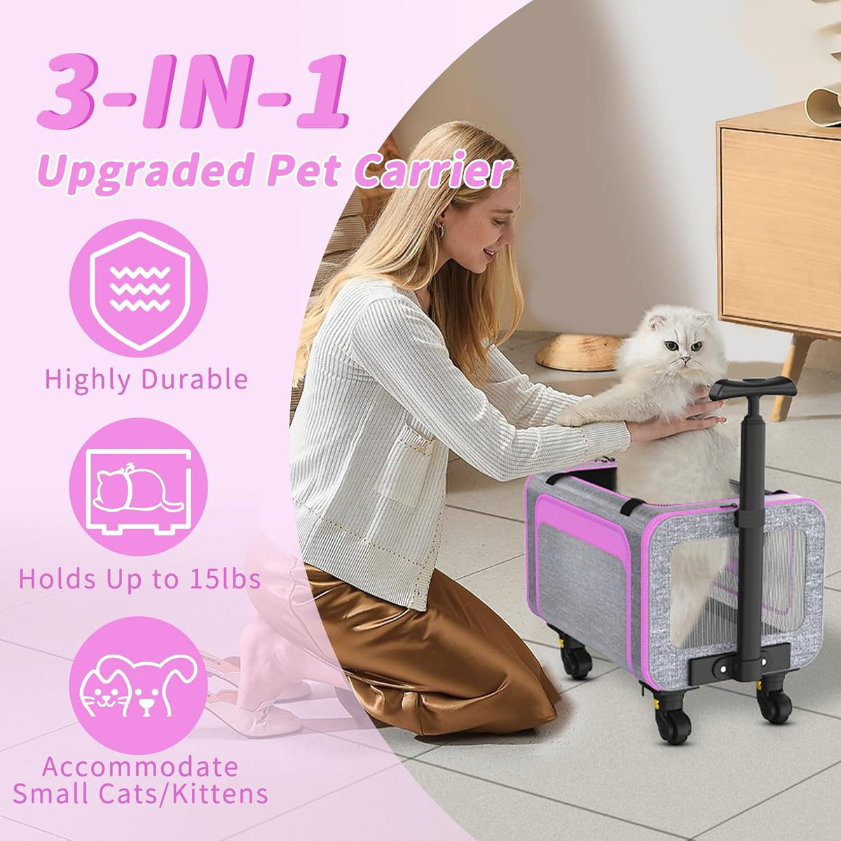 Airline Pet Carrier with Wheels, 18x11x11 for Cats & Toy Dogs