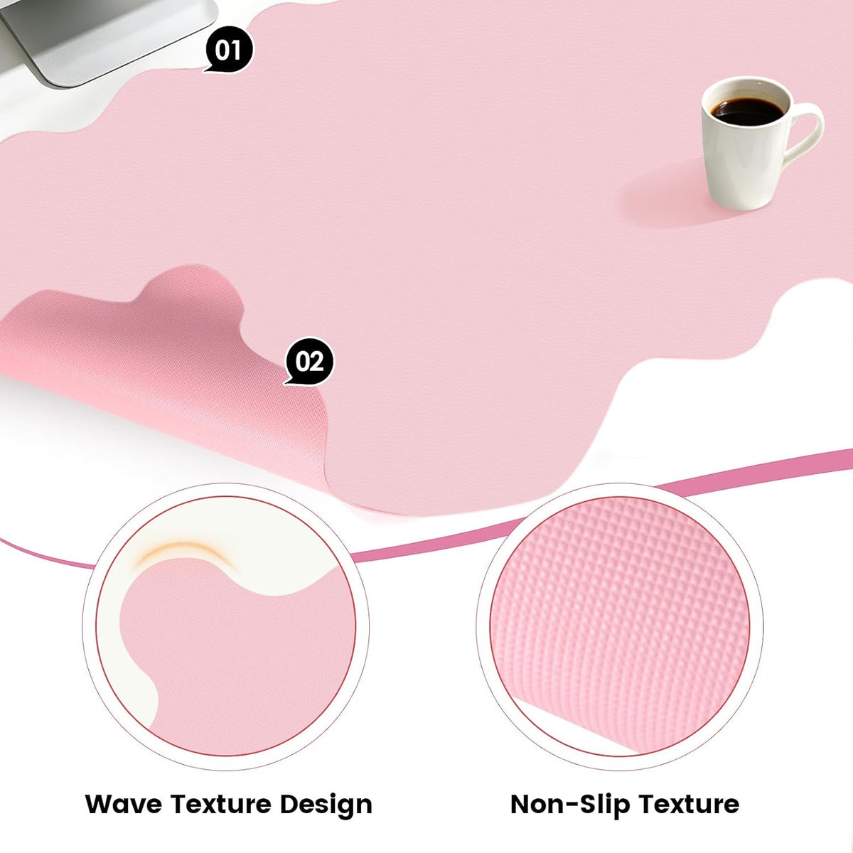 Scalloped Computer Desk Mat for Protection, 23.6 x 11.8 in, Pink