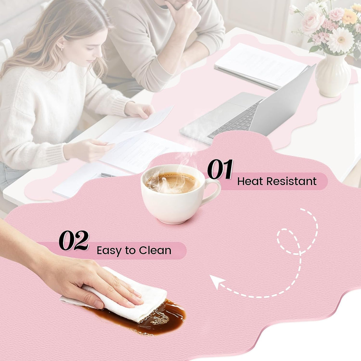 Scalloped Computer Desk Mat for Protection, 23.6 x 11.8 in, Pink