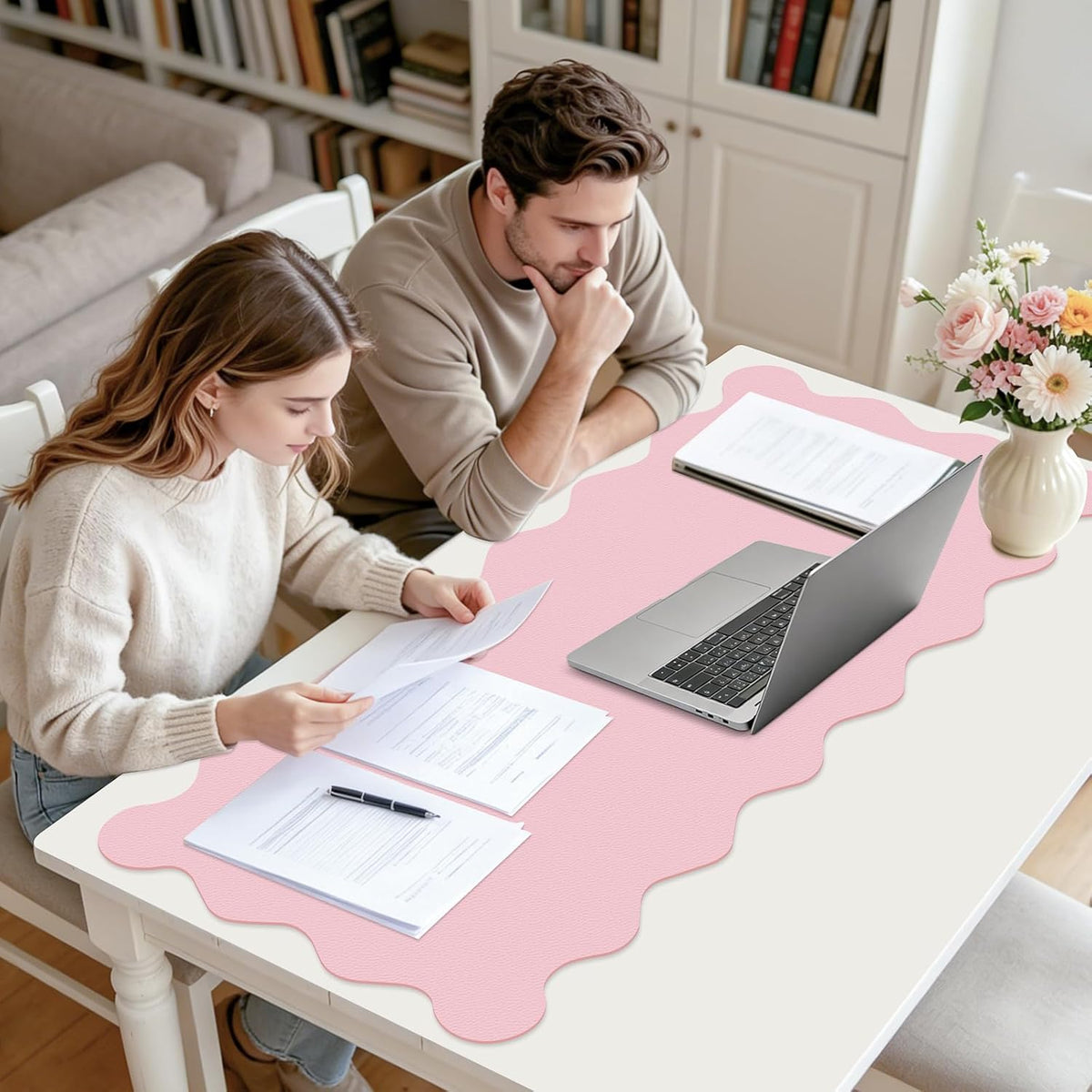 Scalloped Computer Desk Mat for Protection, 23.6 x 11.8 in, Pink