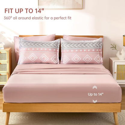 Yiran Comforter Set Queen Size, 7 Pieces Boho Aztec Bed in a Bag, Blush Pink Southwestern Bedding Sets for All Seasons, Lightweight Comforter Bed Set with Sheets, Pillowcases & Shams