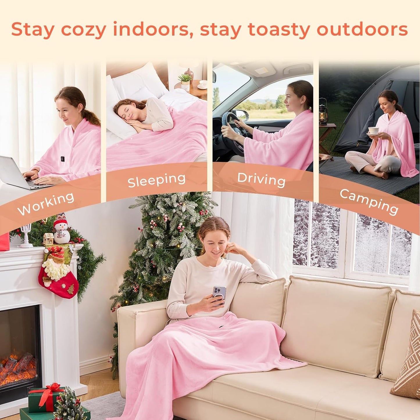 JOLLYVOGUE USB Heated Blanket Throw, Wearable & Portable Heating Electric Blanket for Adults, 3 Levels & 8 Heating Zone Shawl for Indoor & Outdoor, Pink (Battery Not Included)