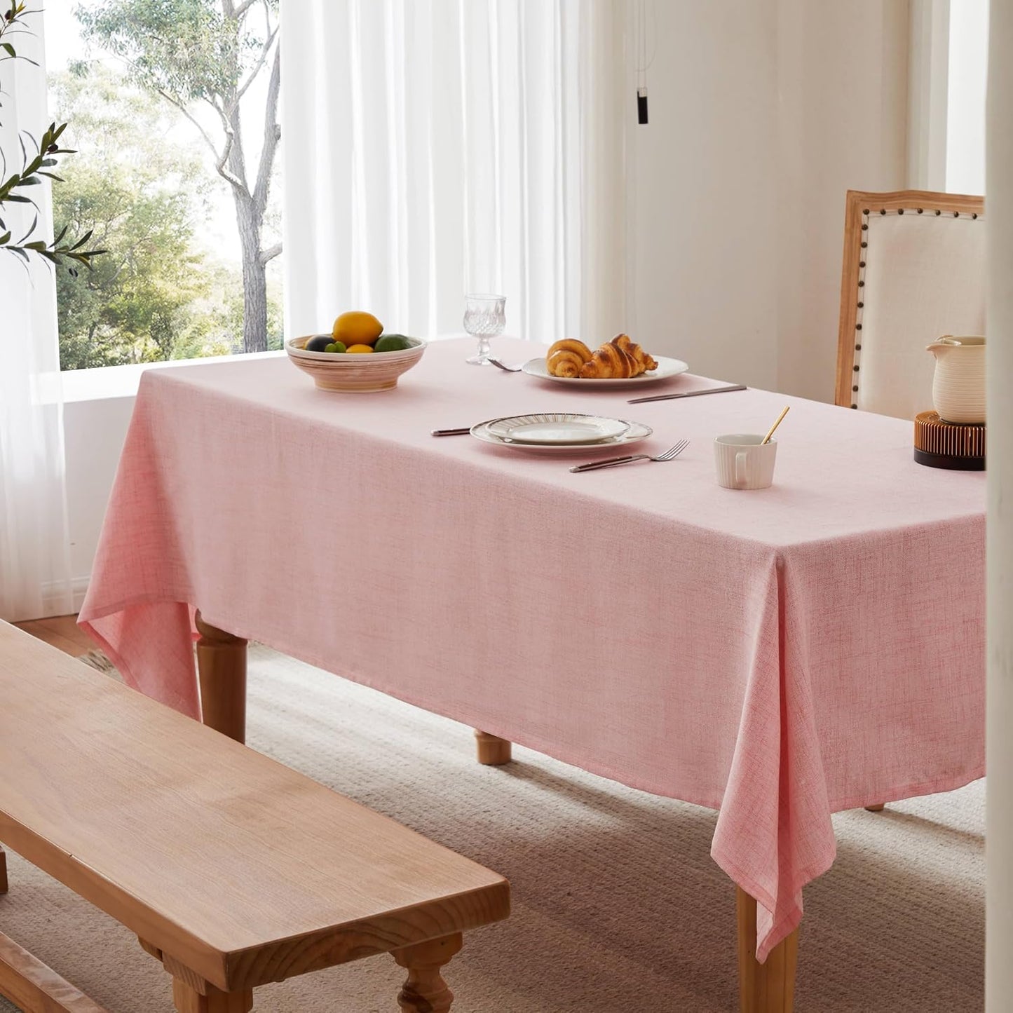 Farmhouse Linen Rectangular Tablecloth, Pink 60x84 Inch | Sleek Draping Style, Cotton Blend, Water Resistant Dining Tablecloths, Washable Stain-Resistant, Easy Care Table Cover