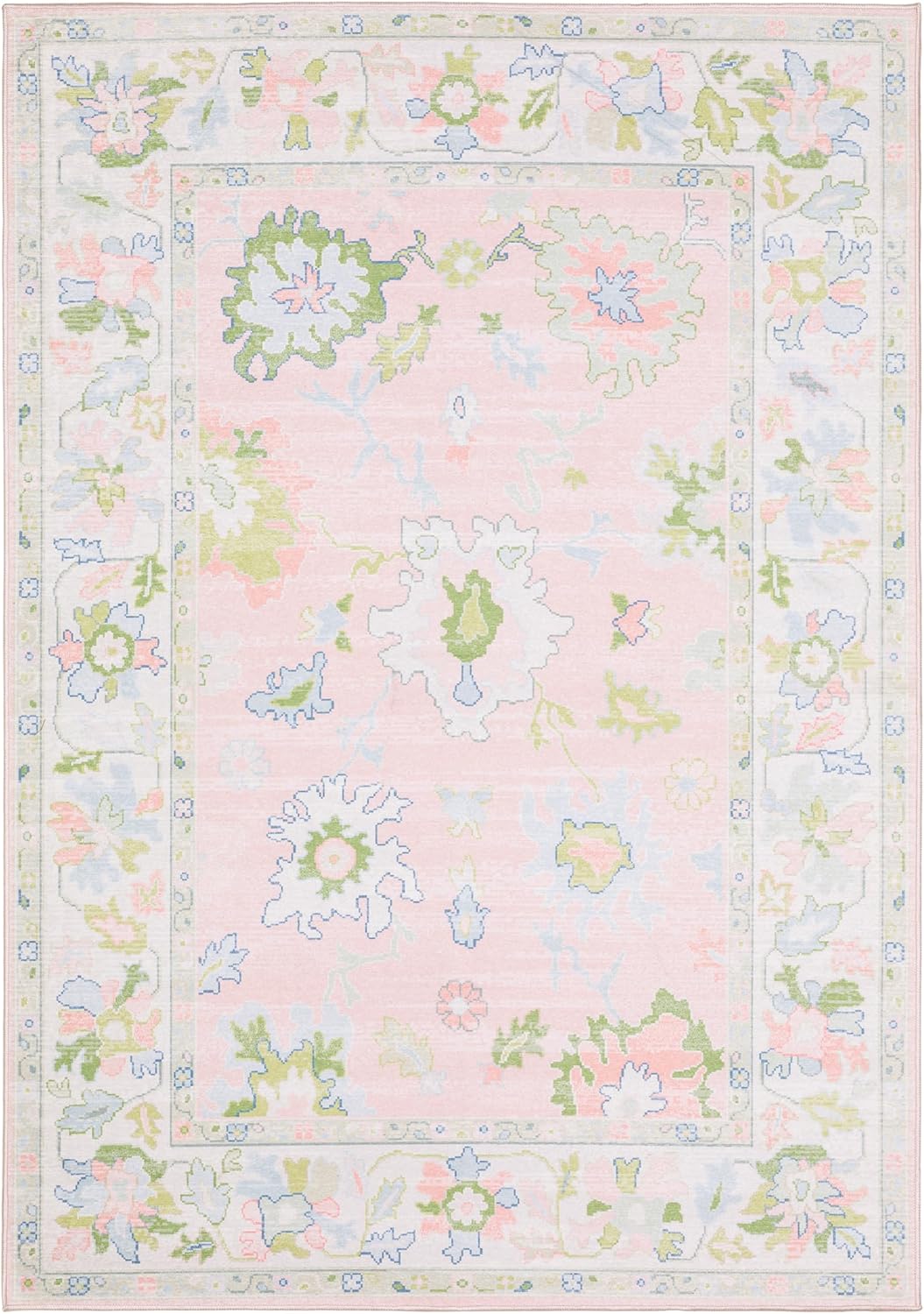 Oriental Weavers Addison ADD04 Machine Washable Flat Weave Printed Area Rug 5' x 7' in Pink/Green Traditional Style, Nursery, Kids Room, Bedroom, Entryway