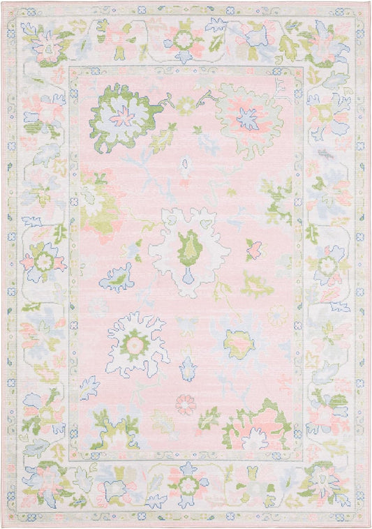 Oriental Weavers Addison ADD04 Machine Washable Flat Weave Printed Area Rug 5' x 7' in Pink/Green Traditional Style, Nursery, Kids Room, Bedroom, Entryway