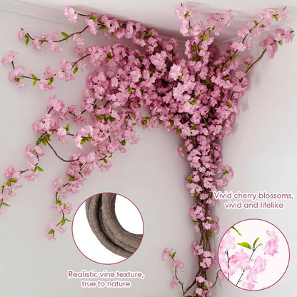 Tigeen 24 Stems Artificial Cherry Blossom Tree with 2 Vines and 100 Zip Ties Pink Blossom Tree for 3D Garden Wedding Wall Home Patio Fence Decor