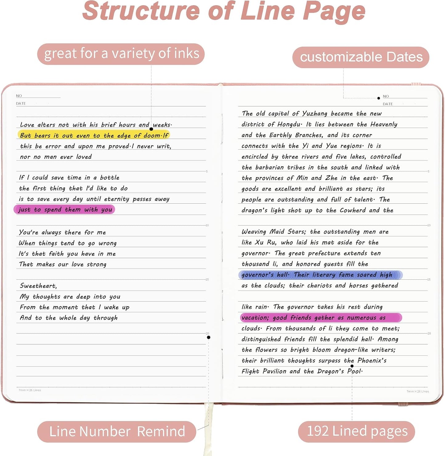 XAOWON College Ruled Note Books, 192 Pages, 5.7''x8.3'', 100 GSM Thick Paper, Hardcover Lined Notebook, Writing Journals for School & Note Taking, Pink