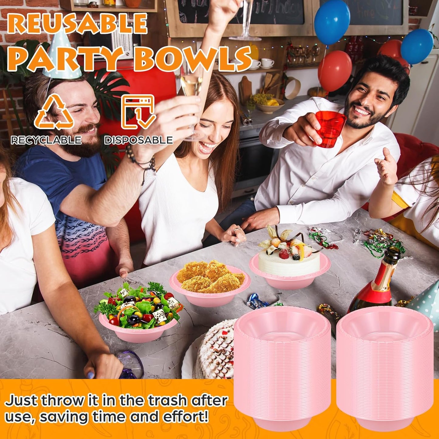 24 Pack 16oz Pink Disposable Plastic Bowls Dessert, Ice Cream, Salad, Soup Serving Cups for Party, Picnic, Food Snacks (Pink)
