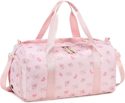 Gym Bag Sports Duffle Bags with Wet Pocket Weekender Overnight Bag with Shoe Compartment and Air Hole for Girls Kids Women Workout Travel Bags (Bow Flower-Pink)