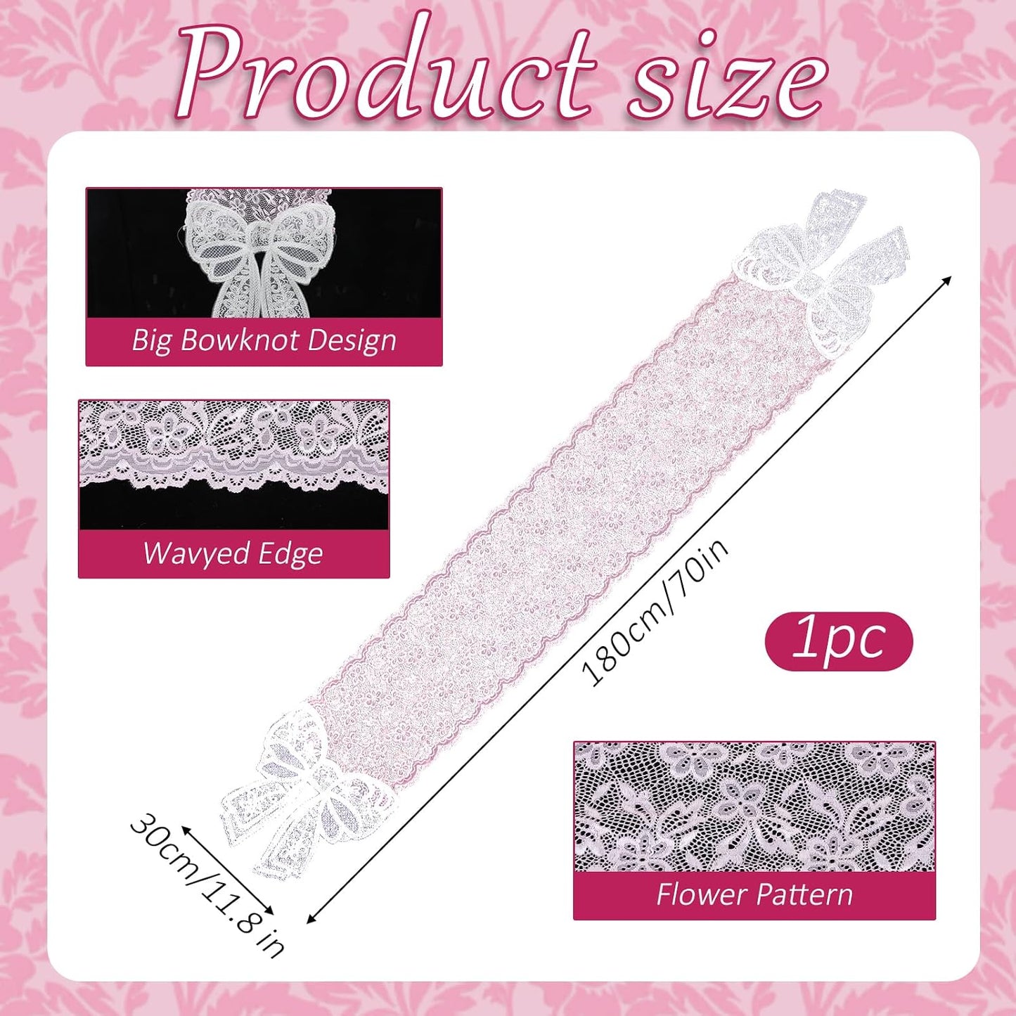 Pink Lace Table Runner with Big Bow Ends, Rectangle Cute Doily Table Runner Embroidered Pink Lace Tablecloth French Style Bow Tablecloth for Wedding Home Party Decor