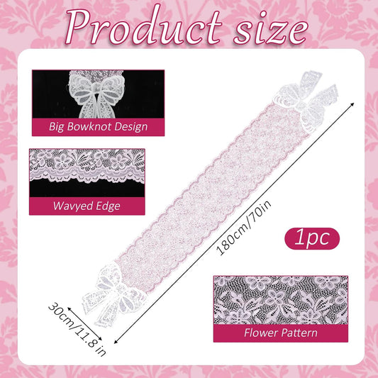 Pink Lace Table Runner with Big Bow Ends, Rectangle Cute Doily Table Runner Embroidered Pink Lace Tablecloth French Style Bow Tablecloth for Wedding Home Party Decor