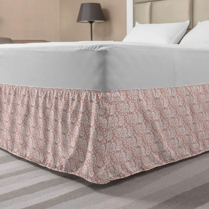 Lunarable Peach Pink Elastic Bed Skirt, Lace Inspired Monochromatic Floral Vernal Mesh Ornamental Roses Composition, Wrap Around Fabric Bedskirt Dust Ruffle for Bedroom, Queen, White and Blush