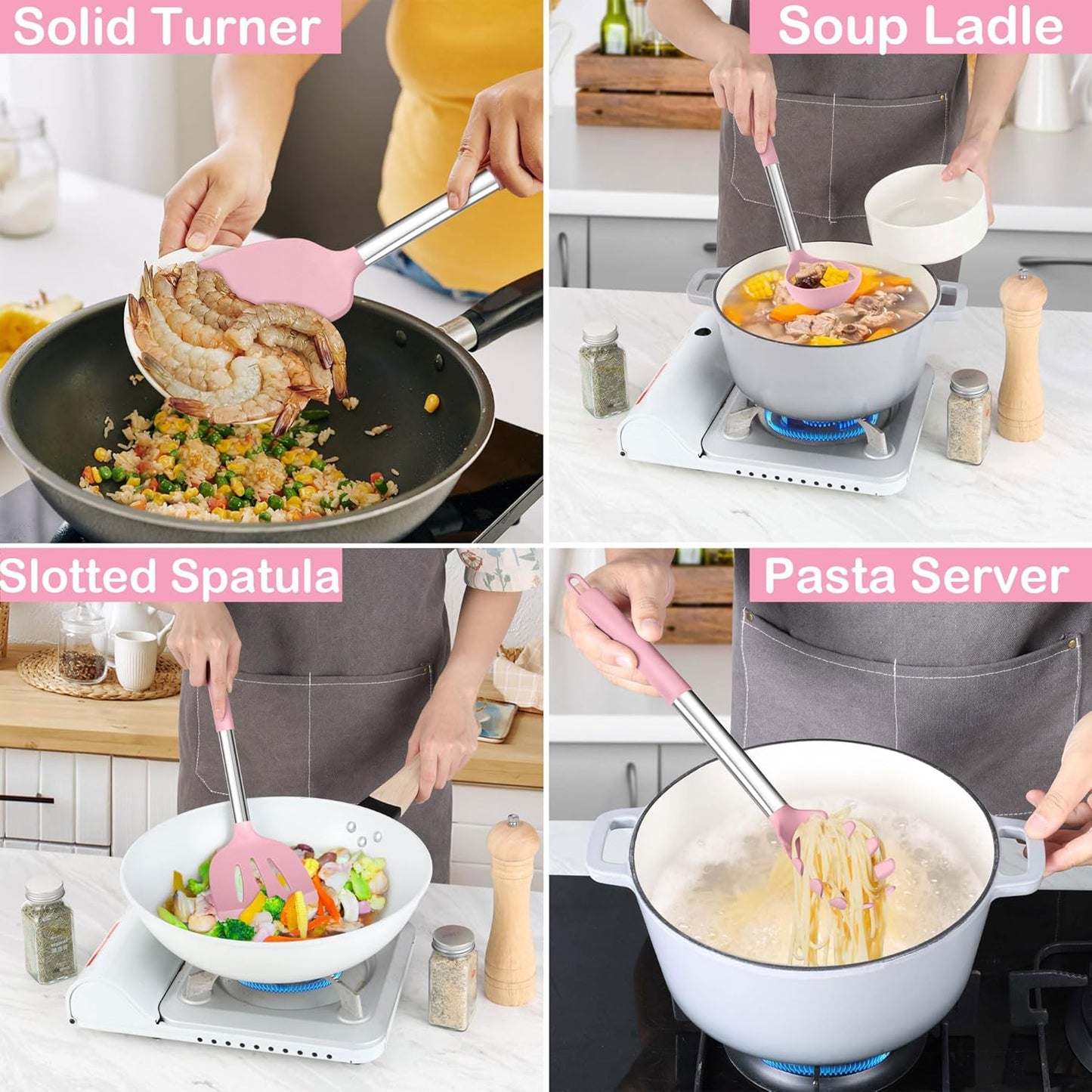 LIANYU 15 Piece Cooking Utensils Set with Stainless Steel Handle, Silicone Kitchen Gadgets with Holder, Heat Resistant Spatula Spoon Turner Tong Whisk Brush Tools for Cooking, Dishwasher Safe, Pink