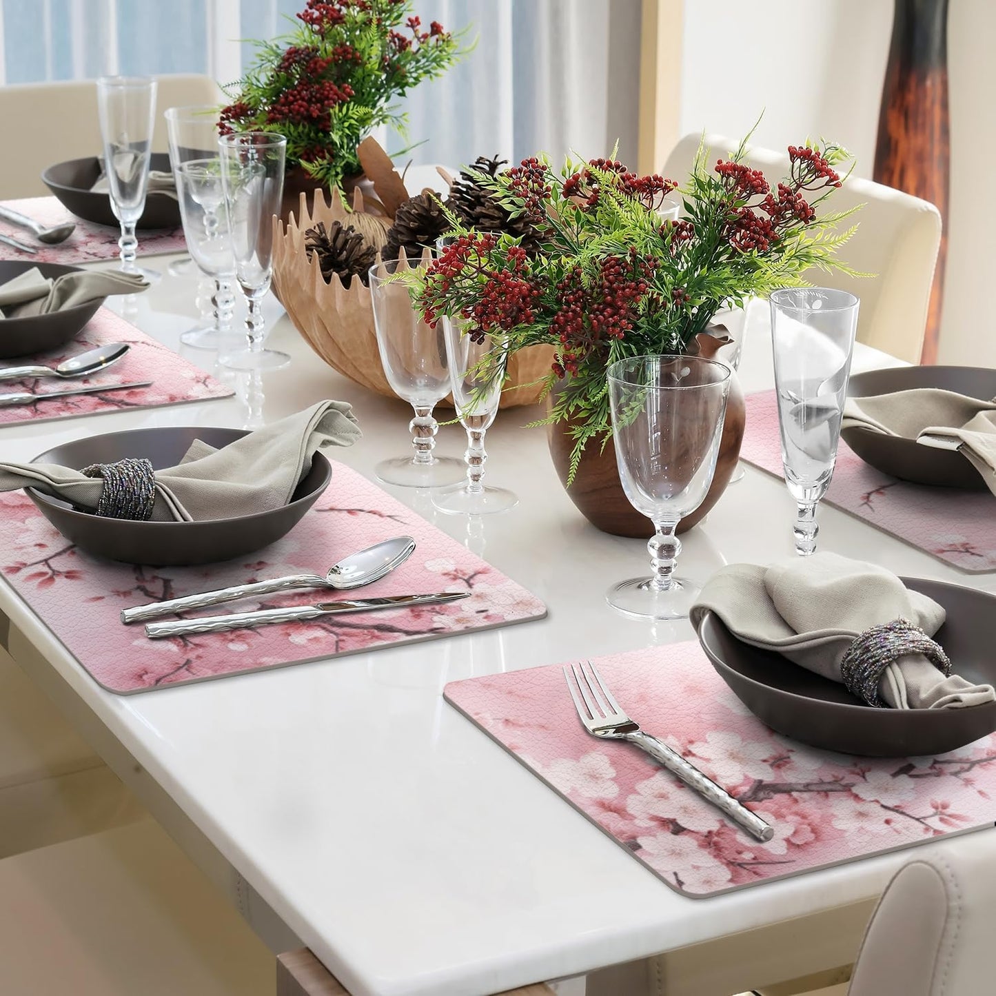 Faux Leather Placemats Set of 4,Pink Cherry Flowers Blossoms PU Placemat for Ding Table Easy to Clean Wipeable Waterproof Non-Slip Table Place Mats for Kitchen or Outdoor,12 * 17 Inch