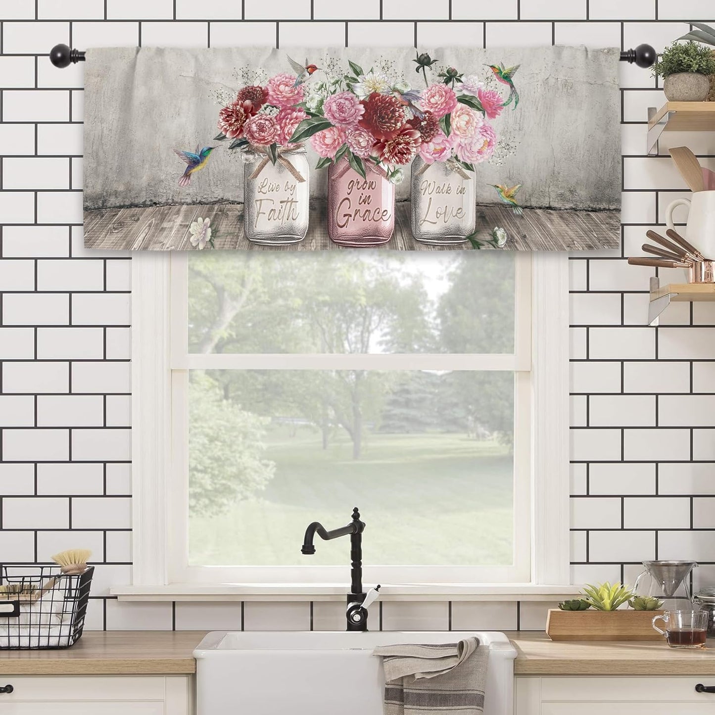 Rustic Farmhouse Peony Rose Kitchen Curtain Valance 54W x 18L Inch Barn Door Pink Red Flower Country Wooden Inspirational Rod Pocket Short Cafe Small Window Treatment Drapes Decor