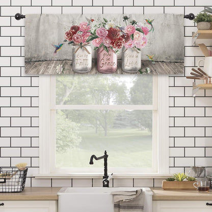 Rustic Farmhouse Peony Rose Kitchen Curtain Valance 54W x 18L Inch Barn Door Pink Red Flower Country Wooden Inspirational Rod Pocket Short Cafe Small Window Treatment Drapes Decor