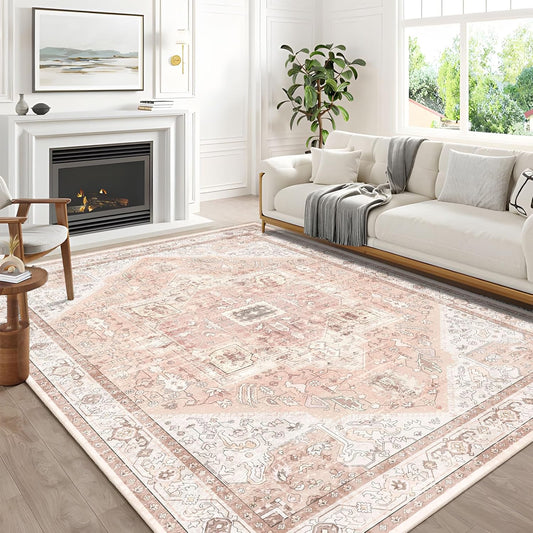MUJOO 8x10 Area Rugs,Pink Washable Rugs for Living Room Bedroom Dining Room,Large Non Slip Carpet Indoor,Boho Vintage Soft Blush and White Floral Rug
