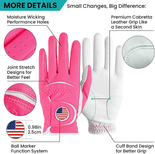 FINGER TEN Golf Gloves Men Colorful 2 Pack for Left Right Handed Golfer, Comfortable Gloves with Ball Marker for Serious Performance, Fit Size Small Medium ML Large XL