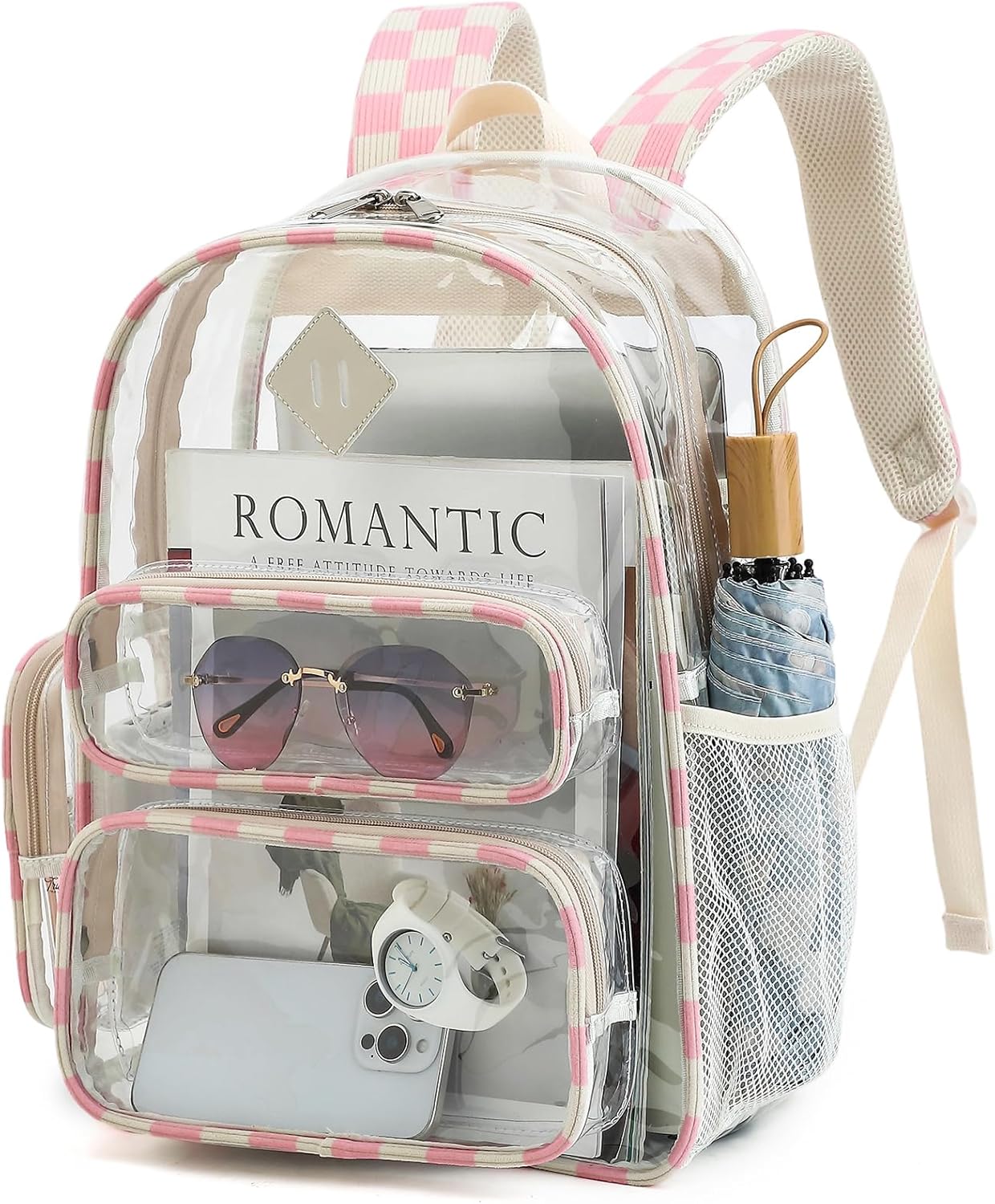 Clear Backpack for School, Girls Boys Transparent Bookbag Women See Through Backpack for Travel Security College Concert (Corduroy Checkered Pink)