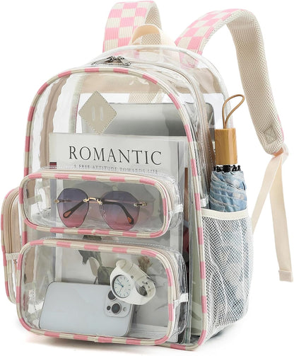 Clear Backpack for School, Girls Boys Transparent Bookbag Women See Through Backpack for Travel Security College Concert (Corduroy Checkered Pink)