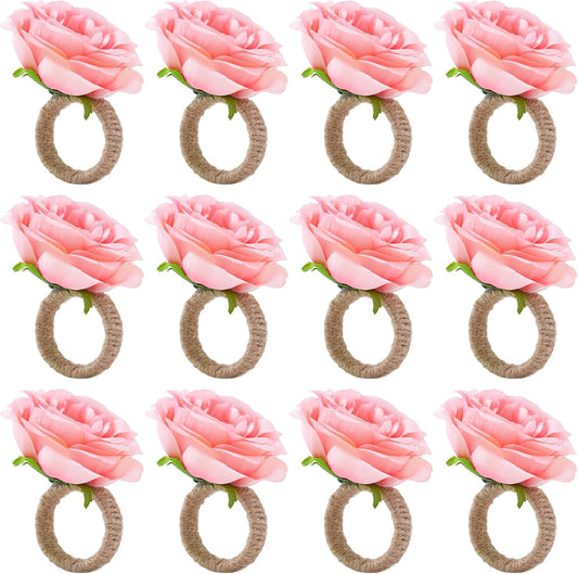 APTWOW Spring Flower Napkin Rings Set of 12 - Pink Floral Napkin Holder, Easter Napkin Rings for Wedding Birthday Party Banquet Spring Table Decor