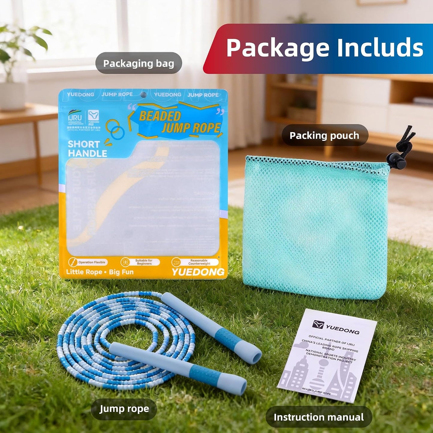YUEDONG Beaded Jump Rope for Fitness, Adjustable Jump Rope with 19.5cm Extra-Long Anti-Slip Handles, Lightweight TPU Beaded Rope for Adults, Cardio, Exercise, Freestyle and Endurance Training