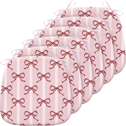 6 Pack Pink Bow Chair Cushions for Dining Chairs 17" x 16" x 2" D-Shaped Breathable Linen Kitchen Chair Pads with Ties Washable Non Slip Seat Cushion for Dining Kitchen Office Indoor