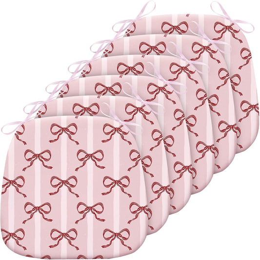 6 Pack Pink Bow Chair Cushions for Dining Chairs 17" x 16" x 2" D-Shaped Breathable Linen Kitchen Chair Pads with Ties Washable Non Slip Seat Cushion for Dining Kitchen Office Indoor