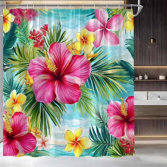 Tropical Flower Shower Curtain Blooming Pink Hibiscus Green Palm Leaf Rainforest Floral Leaves Plants Botanical Home Fabric Bathroom Decor Set Include Hooks,70" WX70 H