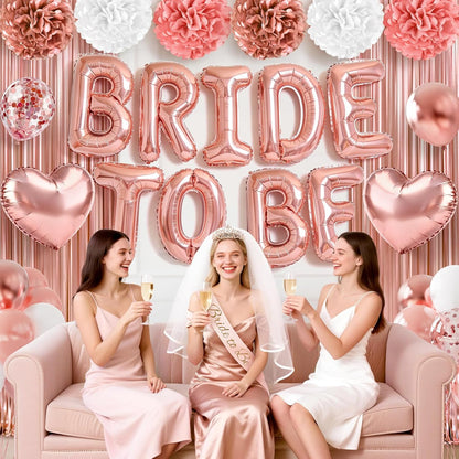 Bachelorette Party Decorations, 44Pcs Rose Gold Bridal Shower Decorations Include Bride to be Balloons Sash Veil Crown and Heart Balloon Fringe Curtain for Bachelorette Engagement Wedding Decoration