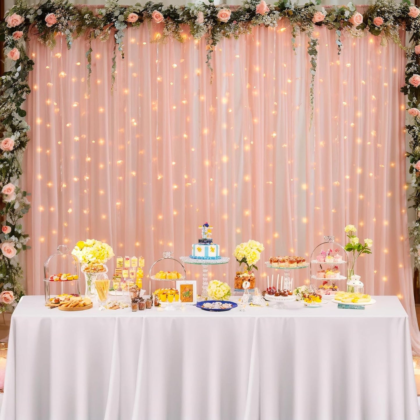 10x10ft Peach Tulle Backdrop Curtain with Lights String for Parites, Sheer Photo Backdrop Curtains for Wedding Baby Shower Birthday Party Photo Shoot Background Decorations