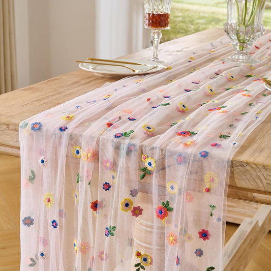 BINBE 1pcs Pink Daisy Spring Table Runner Embroidery Gauze 10FT Florals Seasonal Tulle Holiday Birthday Kitchen Dining Table Decor for Home Party