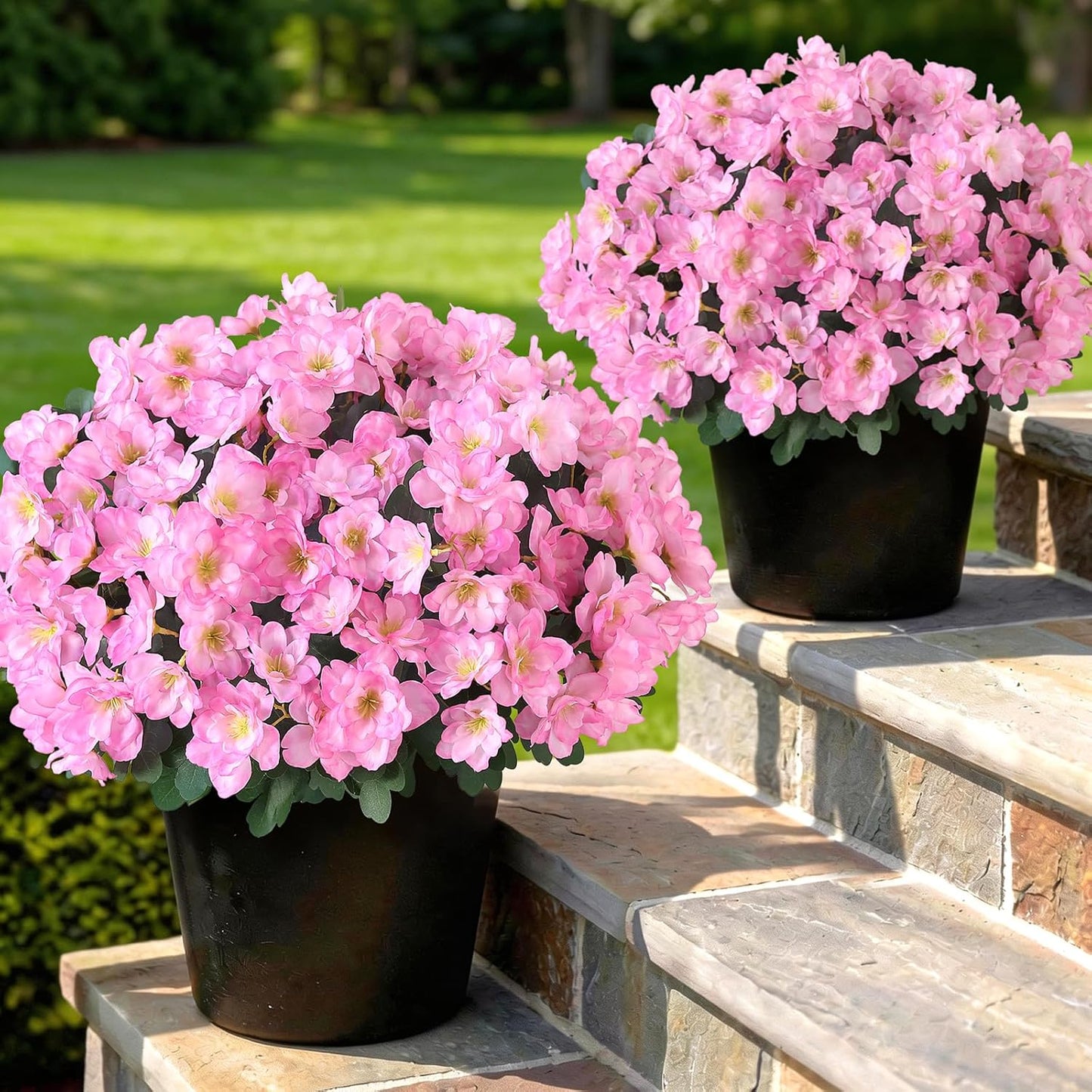 YXZZWL Set of 2 Artificial Azalea Flower Topiary Trees - Fake Silk Flower Potted Plants, Sun-Resistant Faux Outdoor Azalea Bushes for Front Door, Garden, Yard, Farmhouse Decor (Pink)