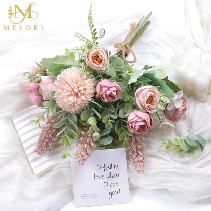 3Pcs Rose Bouquet Pink Artificial Flowers Eucalyptus Plants Fake Silk Flower Arrangements Wedding Bouquets Decorations Plastic Floral Table Centerpieces for Home Kitchen Garden Party Decor