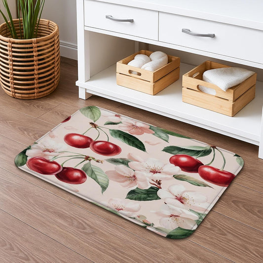 Cherries Blossom Floral Quick Dry Bath Mat, Elegant Peach Flowers Decorative Non Slip Shower Mat, Spring Memory Foam Washable Bath Rugs for Bathroom Toilet Restroom Decorative 20x32 Inch