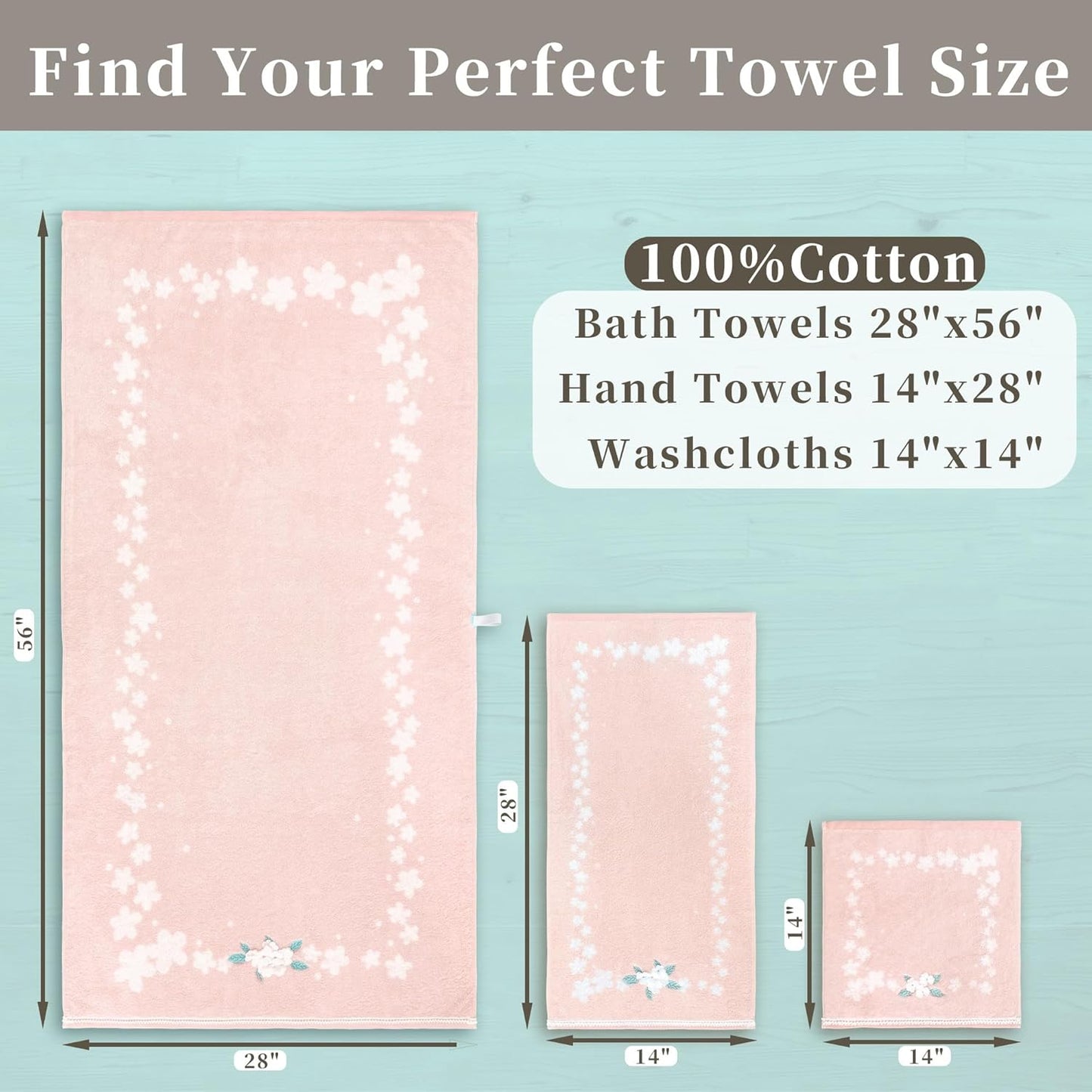 VOOVA & MOVAS Pink Bath Towels Set of 2, 28"x56" - 100% Cotton | Quick Dry | Soft | Absorbent | Lightweight, Flower Bath Towels for Bathroom & Guest, Luxury Shower Towel, Pink
