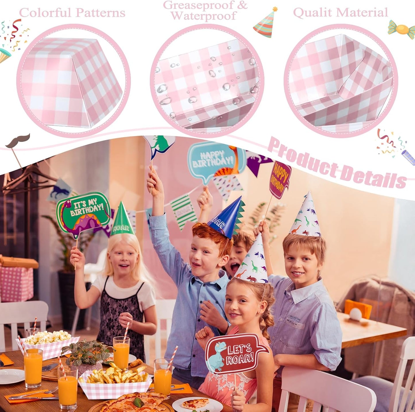 100 Pcs Pink Gingham Paper Food Trays, Pre-Folded Light Pink Checkered Disposable Food Boats for Hot Dogs, Fries, Nachos, Snacks, Carnival, Picnic, Baby Shower, Rustic Wedding, BBQ Party Supplies